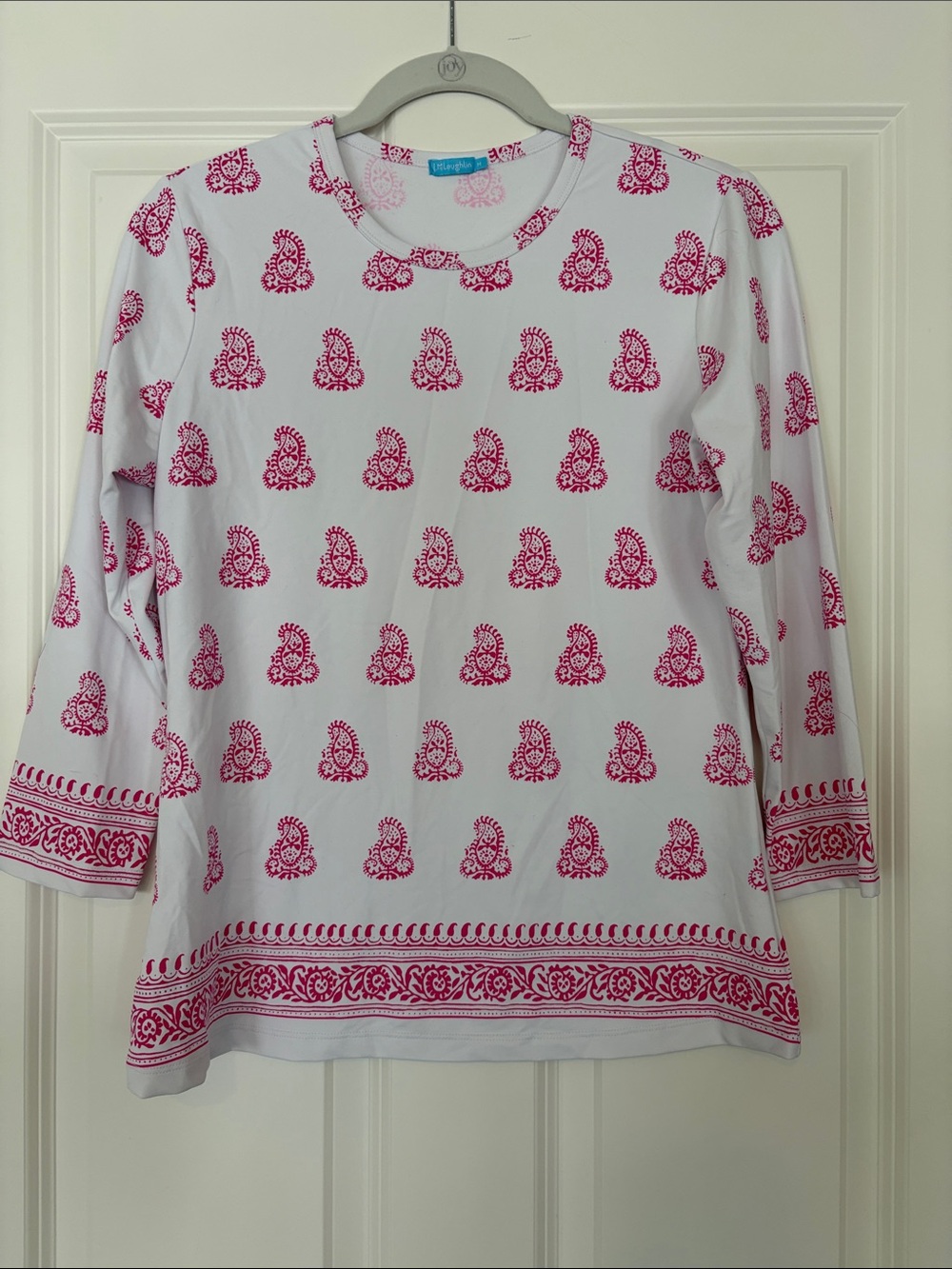 J. McLaughlin White Long-Sleeve Tee with Pink Paisley Motif